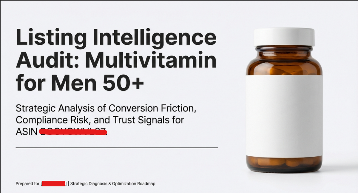 Multivitamin bottle for men 50+ with text about listing intelligence audit on a white background