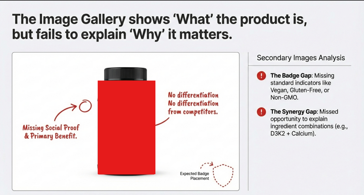 Red product with black cap on a white background, accompanied by text and analysis points.