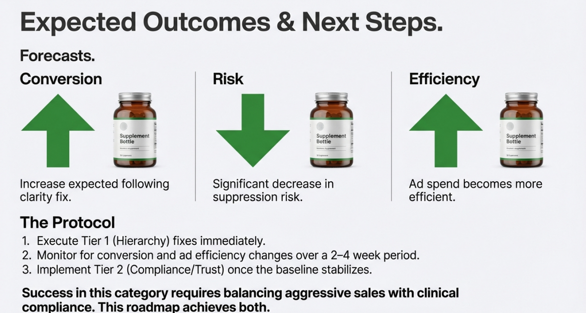 Diagram showing expected outcomes and next steps with bottles labeled 'Conversion', 'Risk', and 'Efficiency'.