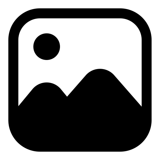 Black and white icon of a mountain landscape with a sun.